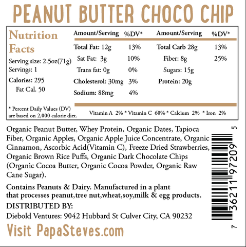 Peanut Butter Choco Chip Raw Protein Bar Nutrition Facts